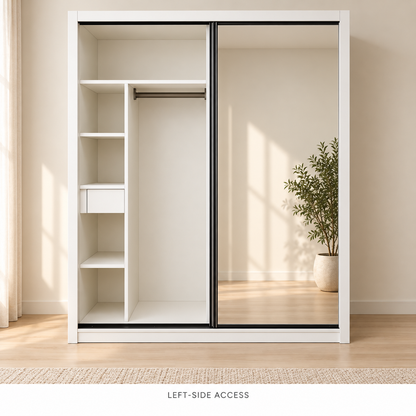 AIDA 1.8 m doors positioned to the right, showing the left shelving, drawer and tall hanging section