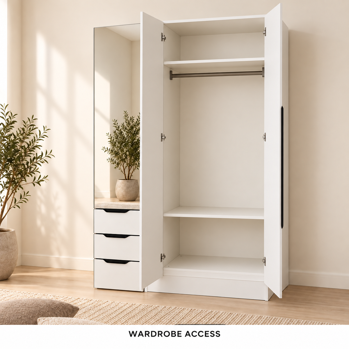 AIDA 2-door wardrobe section open beside the closed mirrored vanity, showing its hanging rail, upper compartment and lower shelf