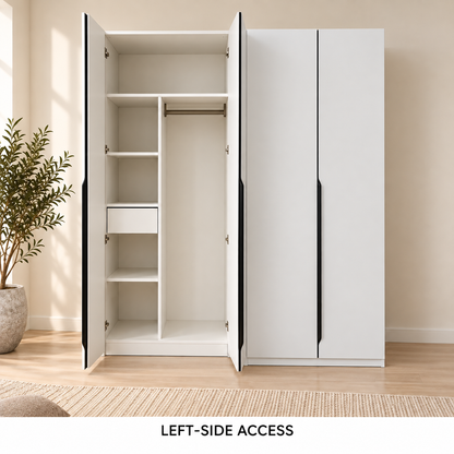 AIDA 4-Door Wardrobe with its left doors open, showing four cubbies, one internal drawer and a narrow hanging bay; right doors closed
