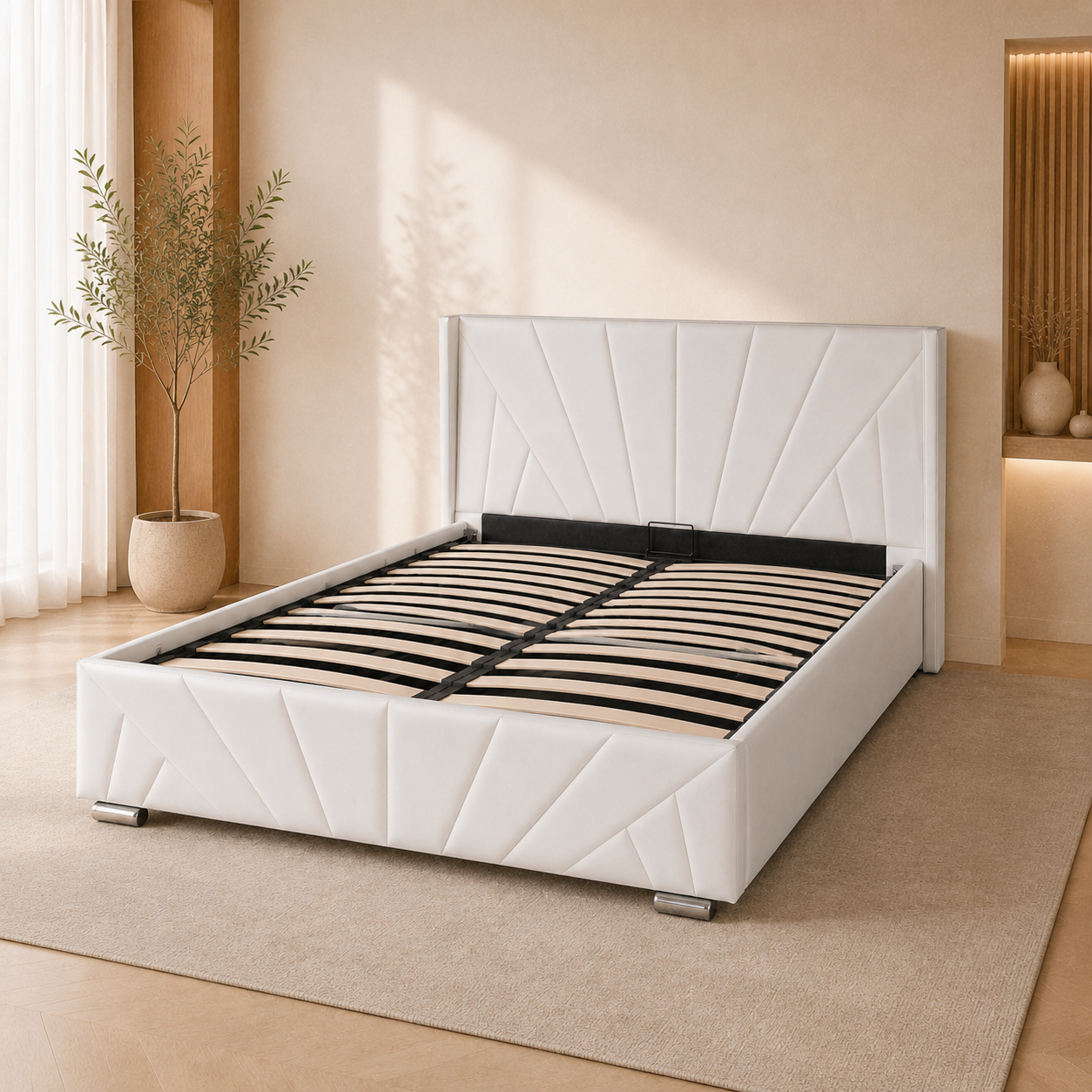 AIZA PU White storage bed showing its curved wooden slats and geometric upholstered panels