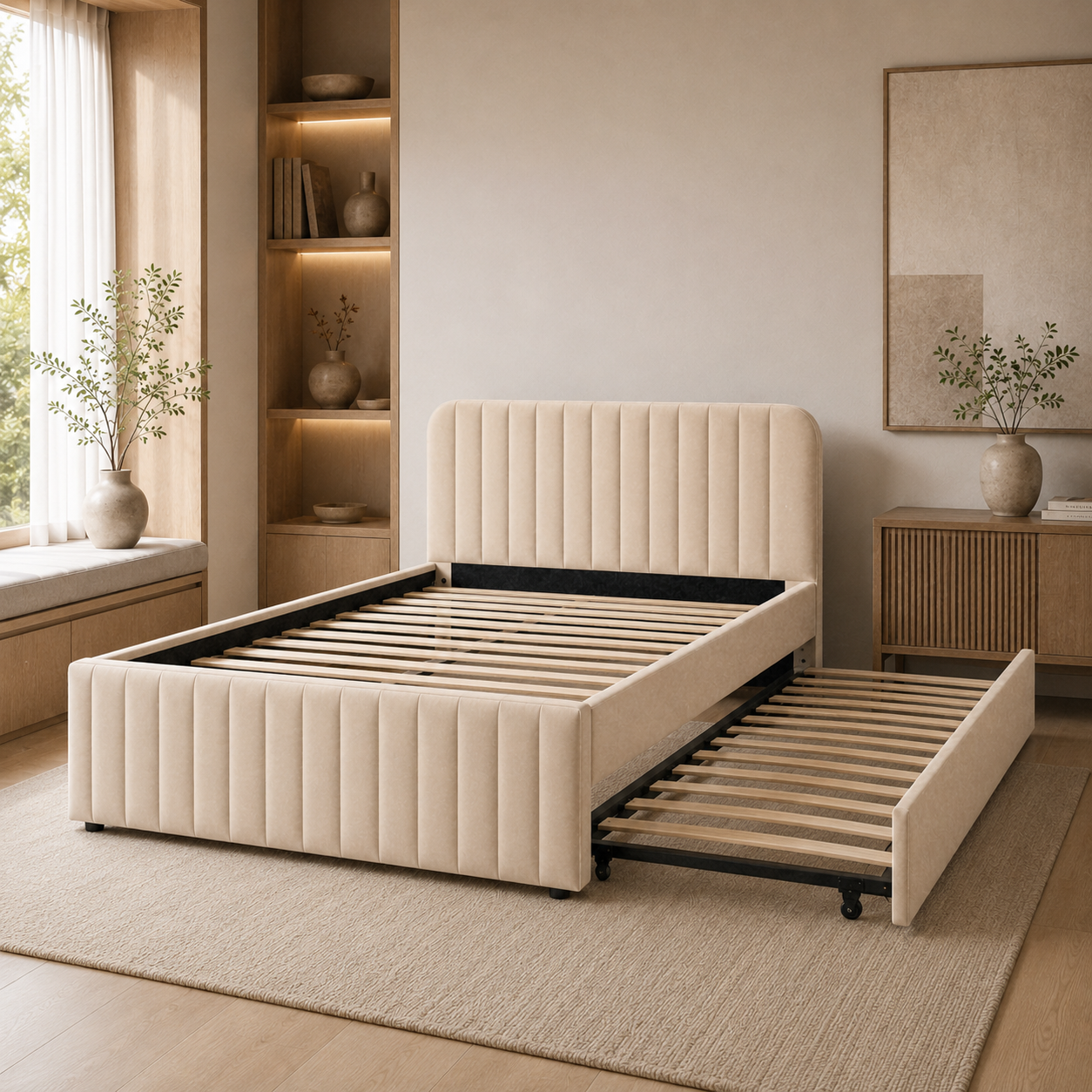 IMRAN Velvet Beige trundle bed showing wooden slats on the main and extended pull-out platforms