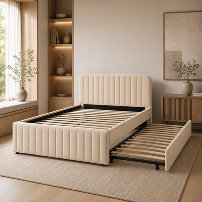 IMRAN Velvet Beige trundle bed showing wooden slats on the main and extended pull-out platforms