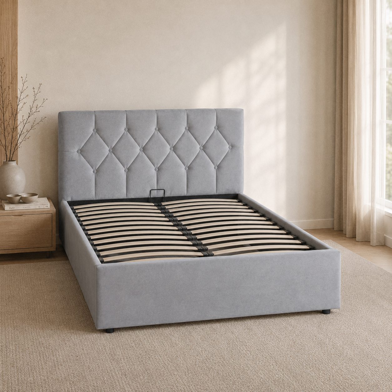 SAFA Queen gas-lift storage bed in Velvet Ash Grey with a wide diamond-tufted upholstered headboard