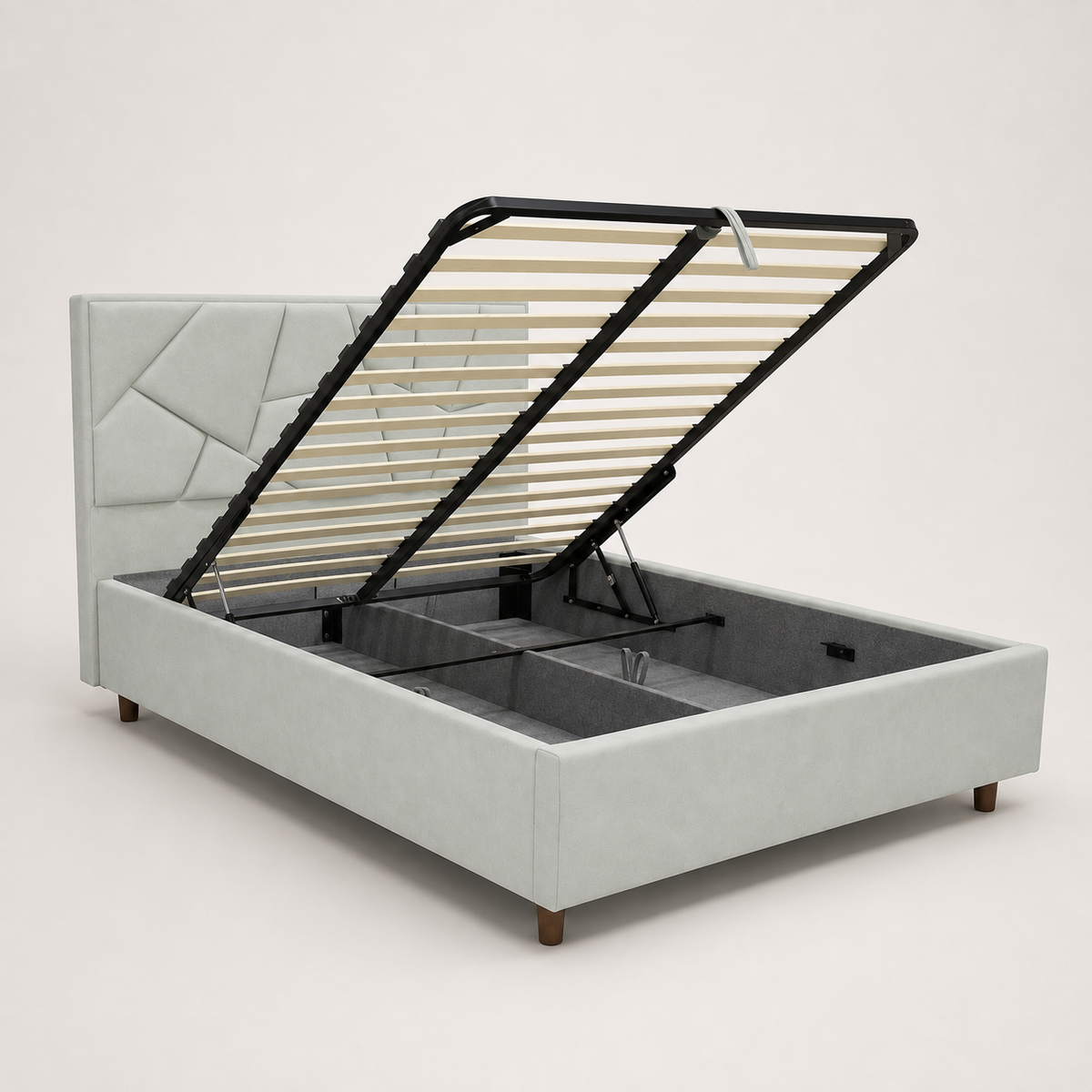 SAKYNA gas-lift storage bed open to show its under-bed compartment and metal lift frame