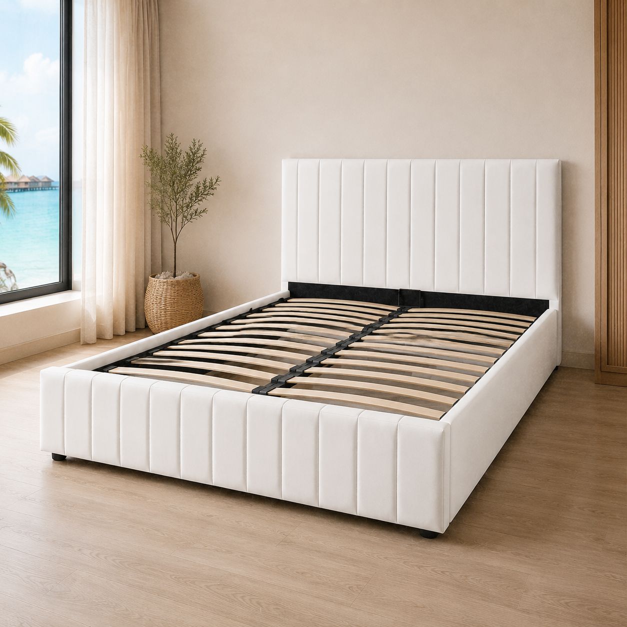 SANA PU White storage bed showing its curved wooden slats, black metal support frame and channelled panels