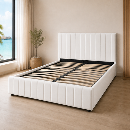 SANA PU White storage bed showing its curved wooden slats, black metal support frame and channelled panels