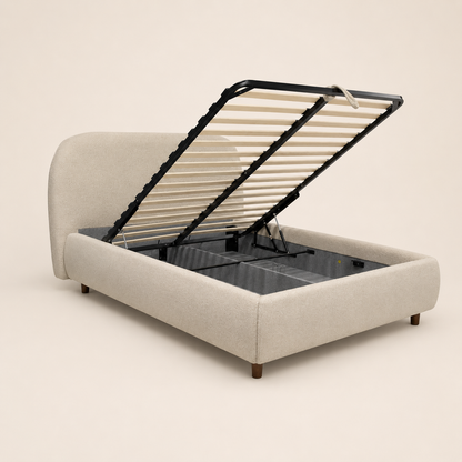 ZULFA gas-lift storage bed open to show its lined under-bed compartment and metal lift frame