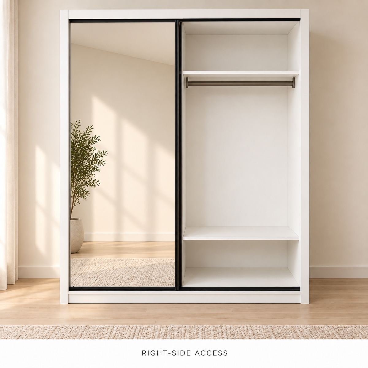 AIDA 1.8 m doors positioned to the left, showing the right upper compartment, wide hanging section and lower shelf
