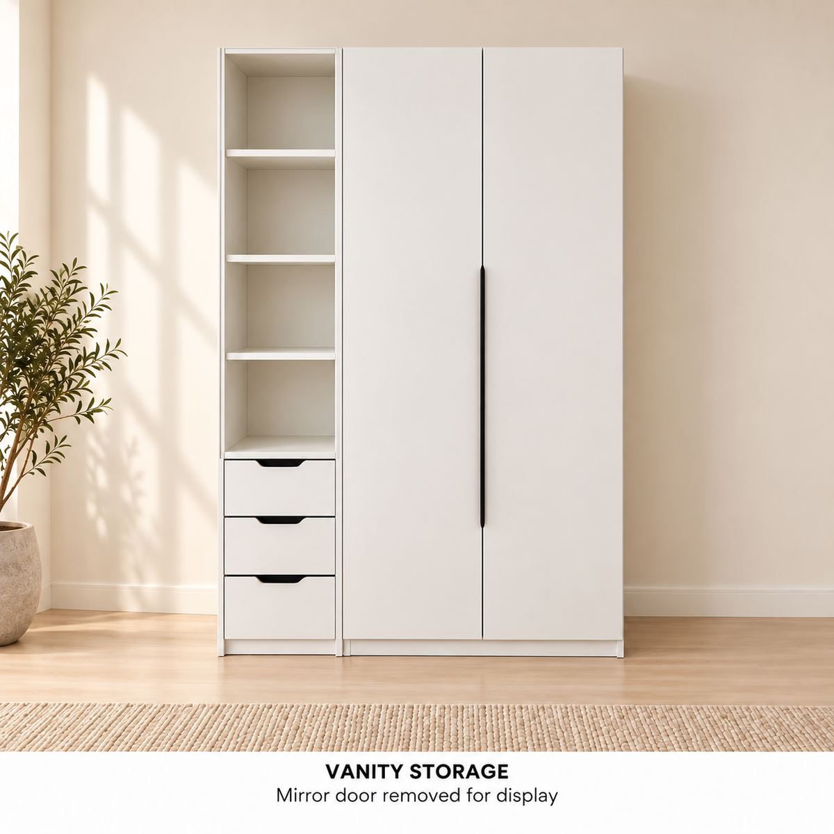 AIDA vanity module with four shelf cubbies and three drawers; mirrored door removed to show storage