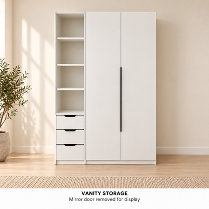 AIDA vanity module with four shelf cubbies and three drawers; mirrored door removed to show storage