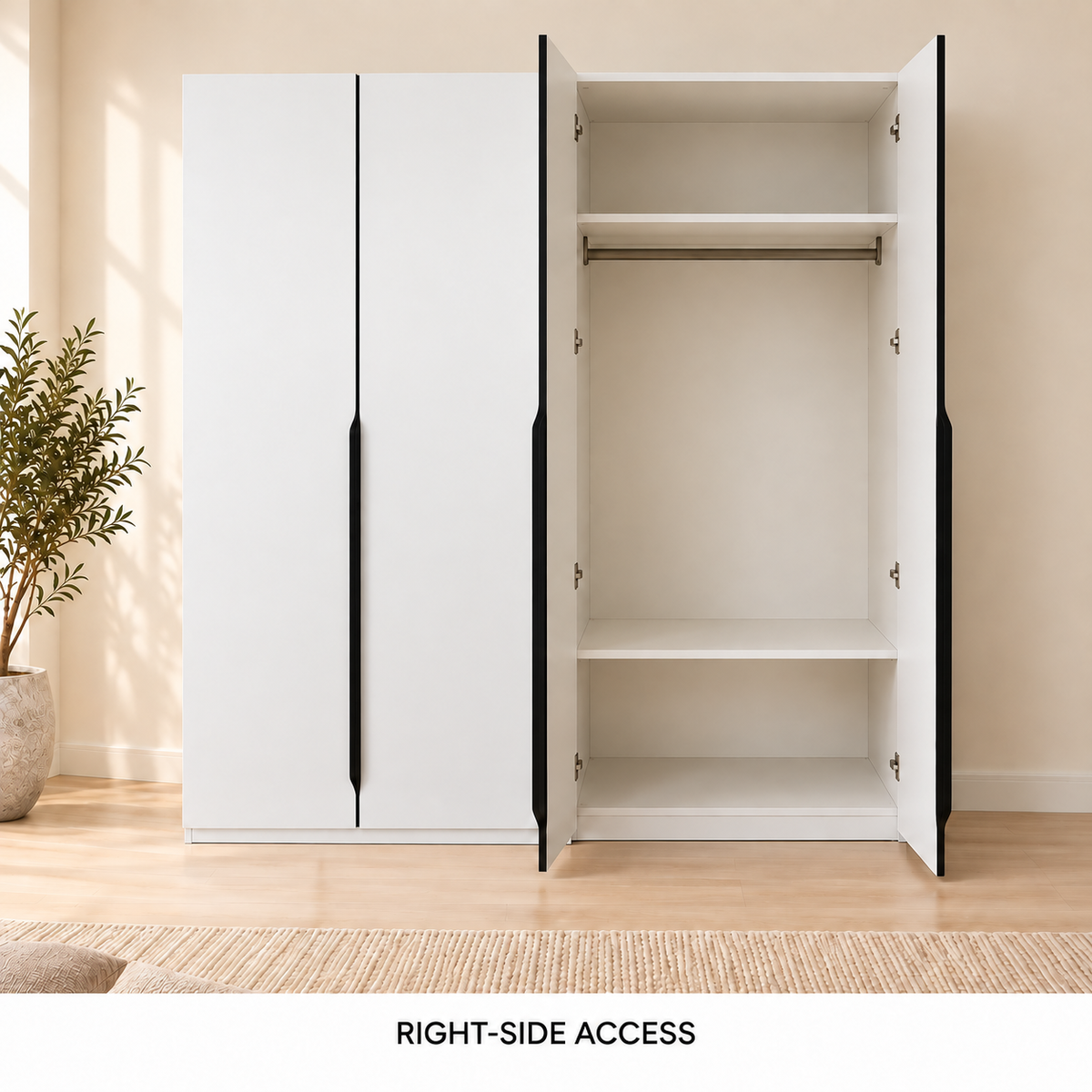 AIDA 4-Door Wardrobe with its right doors open, showing the upper compartment, wide hanging bay and lower shelf; left doors closed