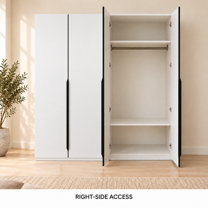 AIDA 4-Door Wardrobe with its right doors open, showing the upper compartment, wide hanging bay and lower shelf; left doors closed