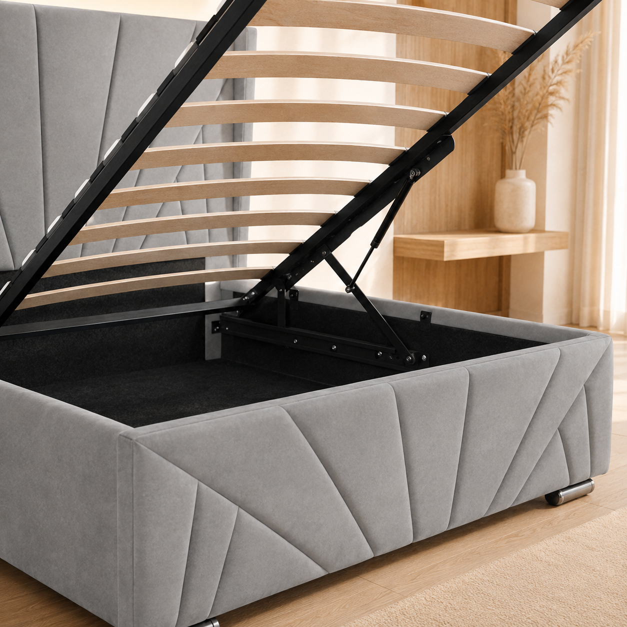 AIZA Velvet Ash Grey storage bed with the gas-lift slatted platform raised above the storage cavity