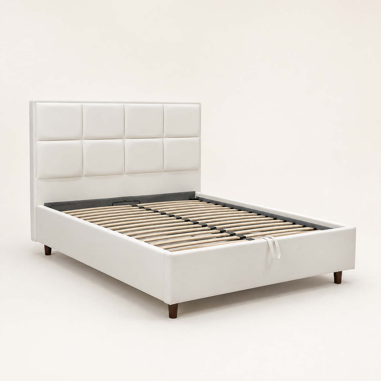 AMYNA gas-lift storage bed open to show its under-bed compartment and metal lift frame