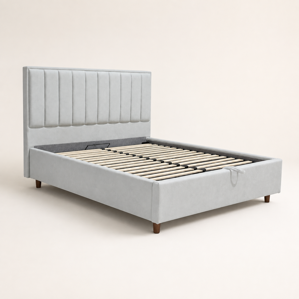 AZYZA storage bed without a mattress showing its wooden slat platform from the front