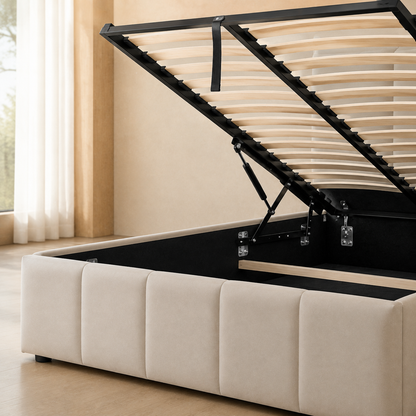 HUDA Velvet Beige storage bed with the gas-lift slatted platform raised above the storage cavity