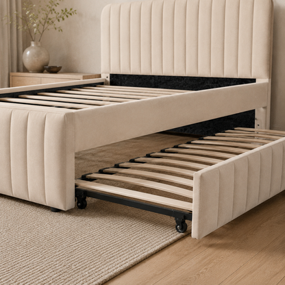 IMRAN trundle close-up showing wooden slats, black metal frame and low caster wheels