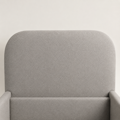 Close view of the seamless rounded ZULFA headboard in premium Cloud Grey textured fabric