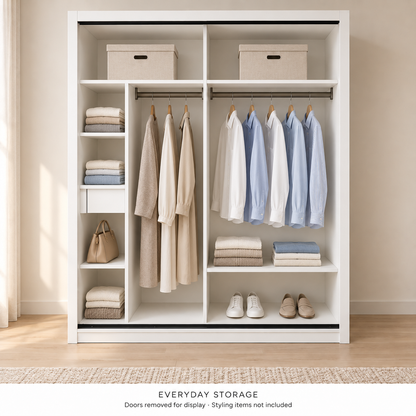 AIDA 1.8 m standard interior styled with clothes and storage items; doors removed for display and belongings not included
