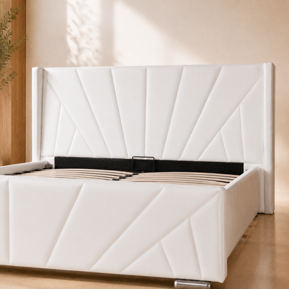 Close view of AIZA's geometric sunburst headboard and matching front panel in PU White