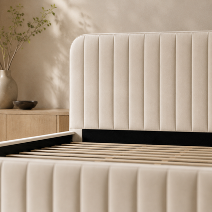 Close view of the IMRAN rounded vertical channel headboard and matching front panel in Velvet Beige