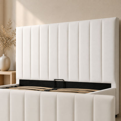Close view of SANA's straight vertical-channel headboard and matching front panel in PU White
