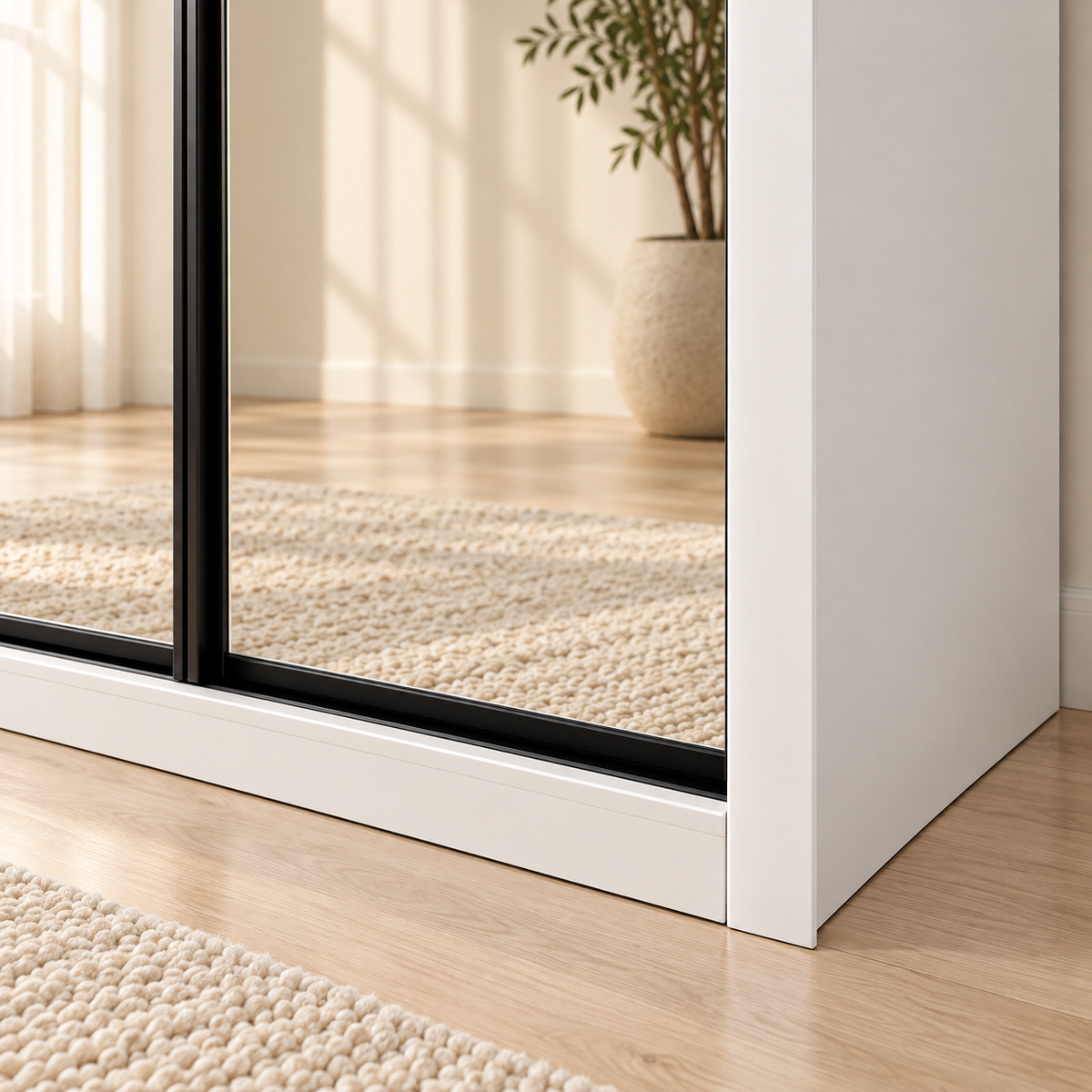 Close-up of the AIDA 1.8 m mirror edge, black sliding-door profile, lower track and white frame