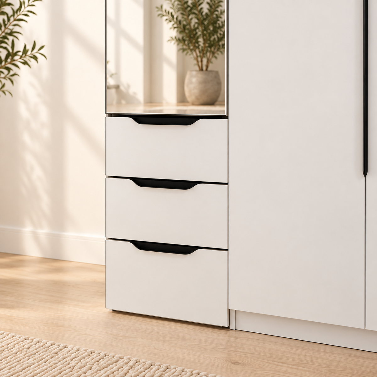 Detail of the AIDA vanity's three white drawers with black recessed pulls below its mirrored door