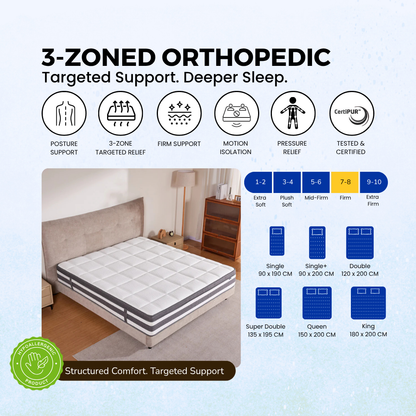3-Zoned Ortho three-zone comfort, 7 to 8 firmness and available mattress sizes