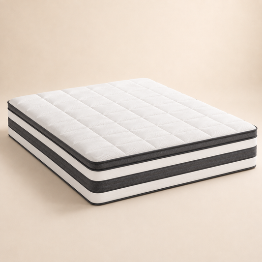 A high-profile mattress with a white quilted top and black and white layered sides, shown on a solid beige background.