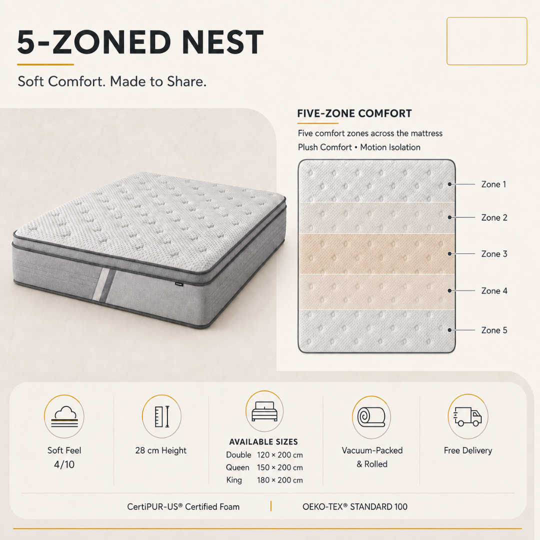  5-Zoned Nest five-zone comfort, 4 out of 10 firmness and available sizes