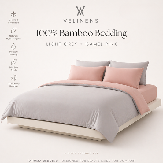 100% Bamboo Bedding Set – Light Grey + Camel Pink