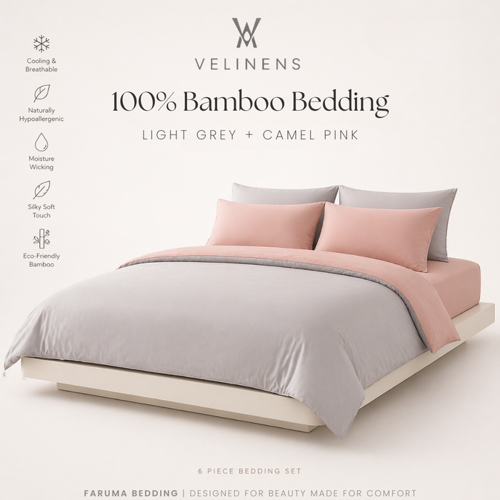 100% Bamboo Bedding Set – Light Grey + Camel Pink