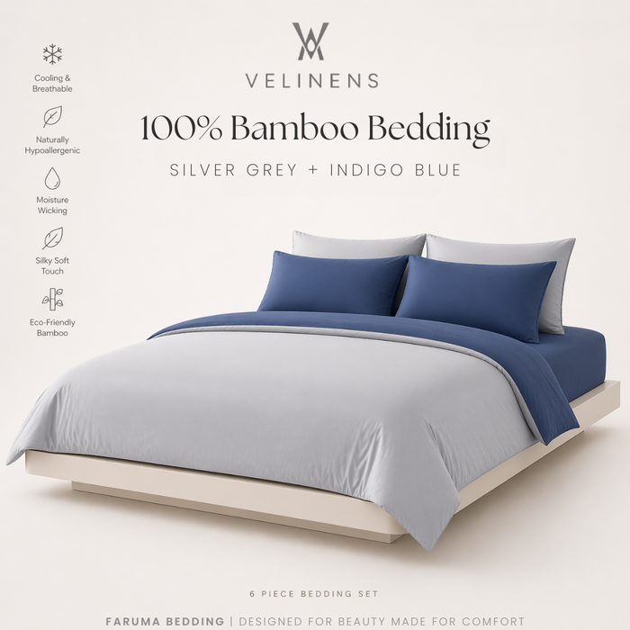 100% Bamboo Bedding Set – Silver Grey + Indigo Blue
