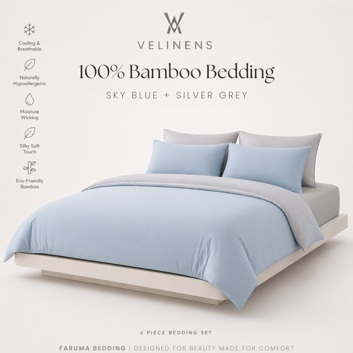 100% Bamboo Bedding Set – Sky Blue + Silver Grey