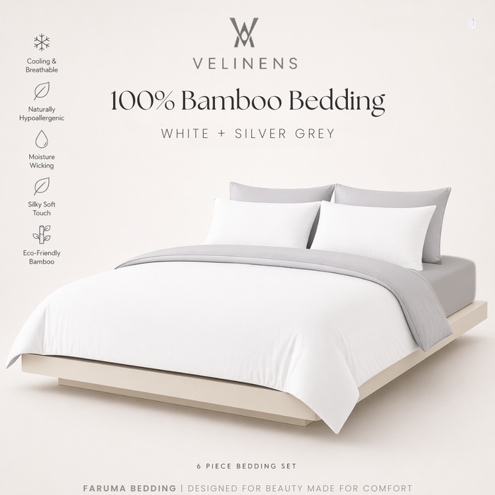 100% Bamboo Bedding Set – White + Silver Grey