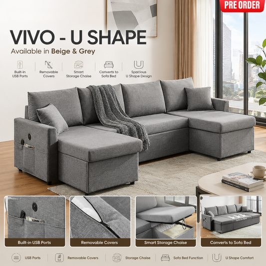 Sofa Bed U Shape - Vivo Grey