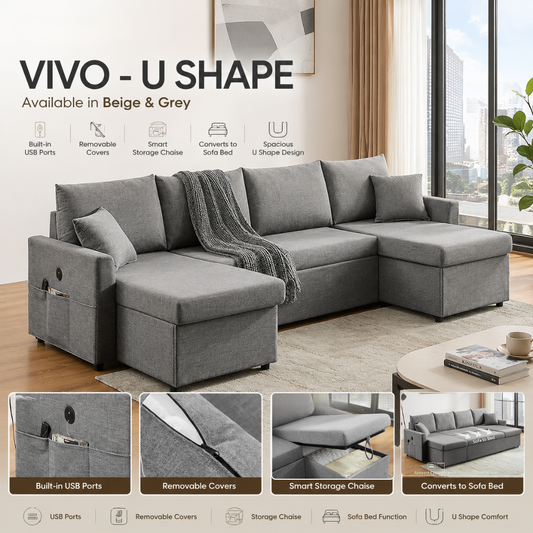 Sofa Bed U Shape - Vivo Grey