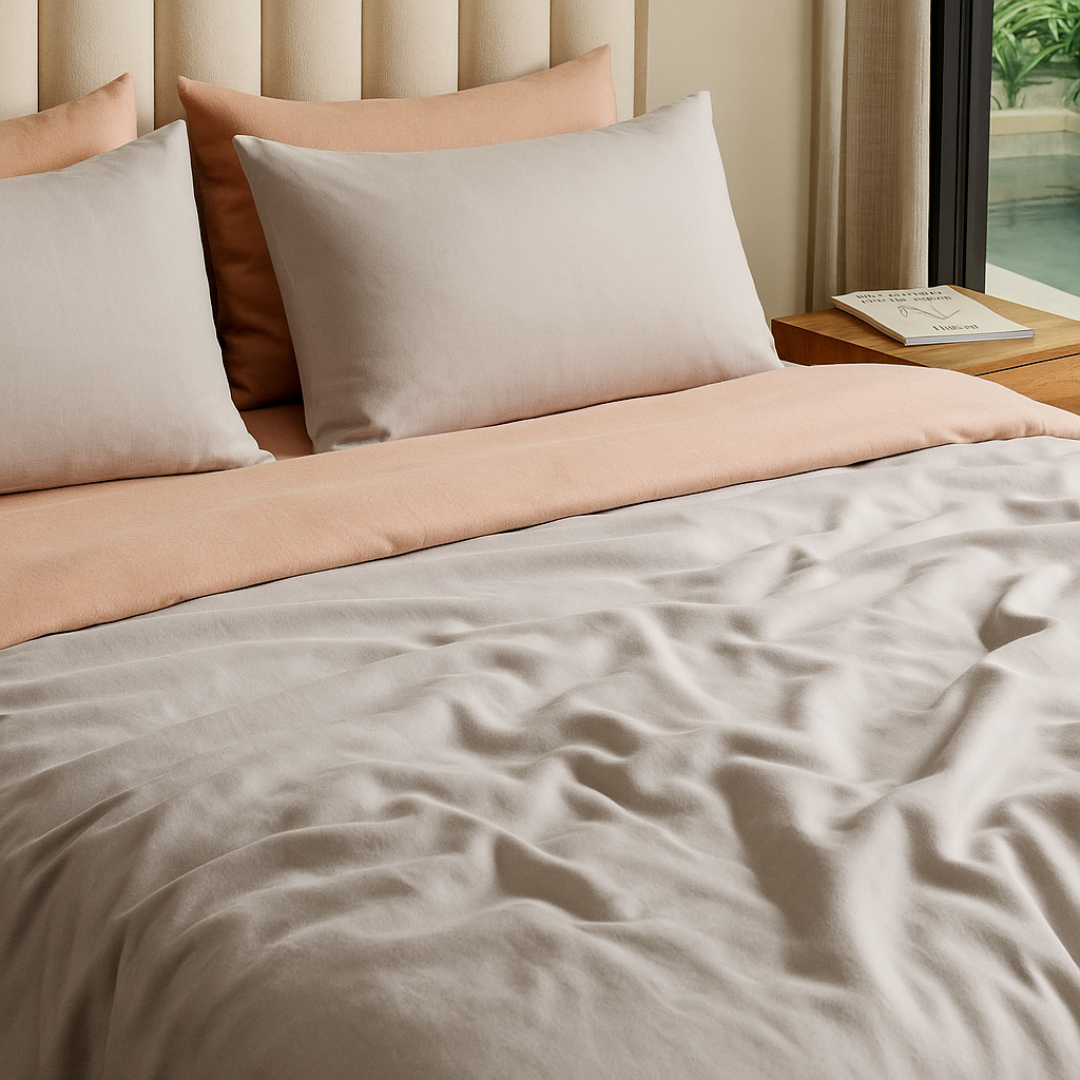 100% Bamboo Bedding Set – Light Grey + Camel Pink