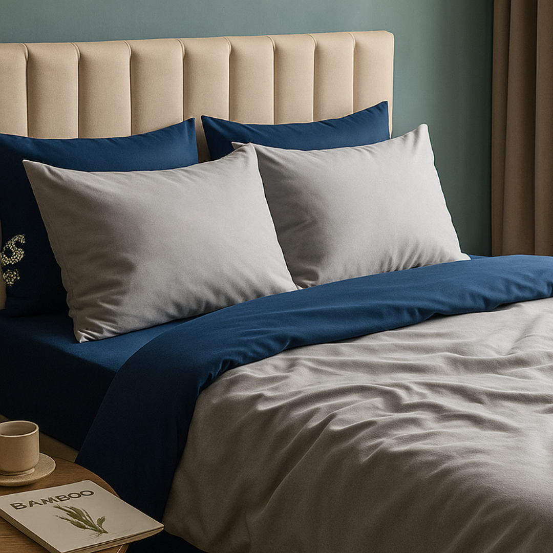 100% Bamboo Bedding Set – Silver Grey + Indigo Blue