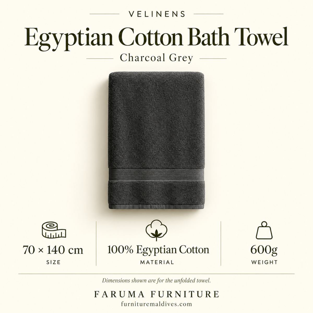 Egyptian Cotton Bath Towel · Charcoal Grey · 70 × 140 cm — size and product specification guide