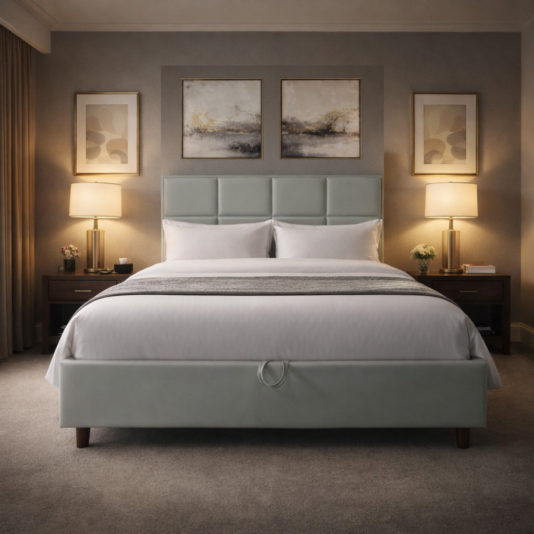 Neatly made bed in a bedroom with two lamps and framed art on the wall.