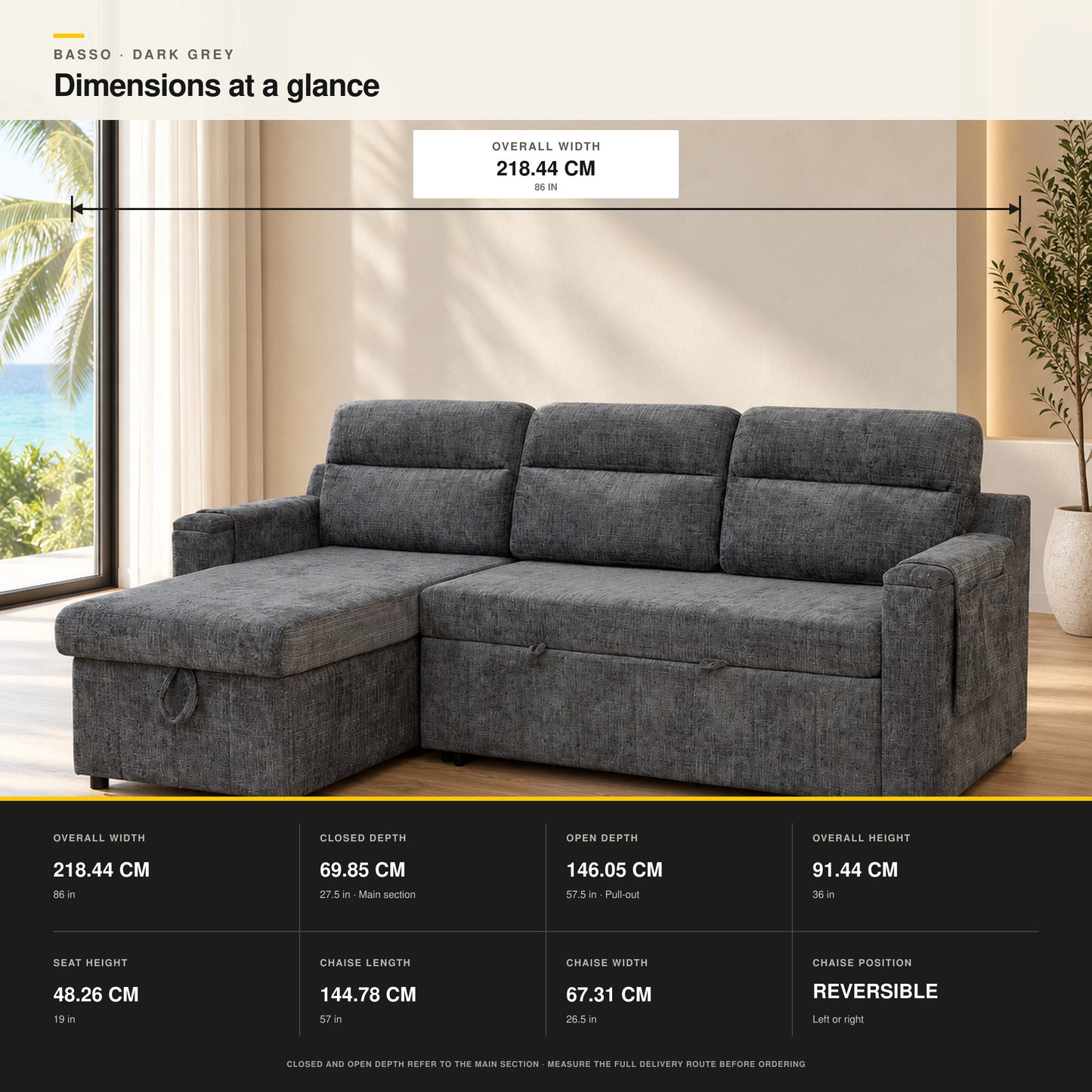 BASSO Reversible Chaise Sofa Bed — Dark Grey
