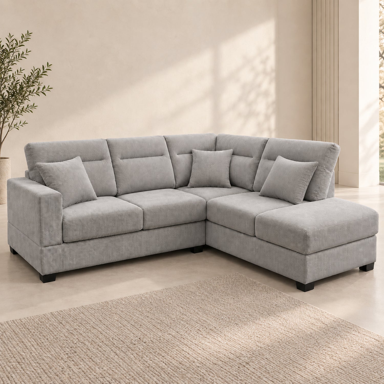 BELLAGIO Grey corduroy sofa with reversible chaise in its standard seating configuration