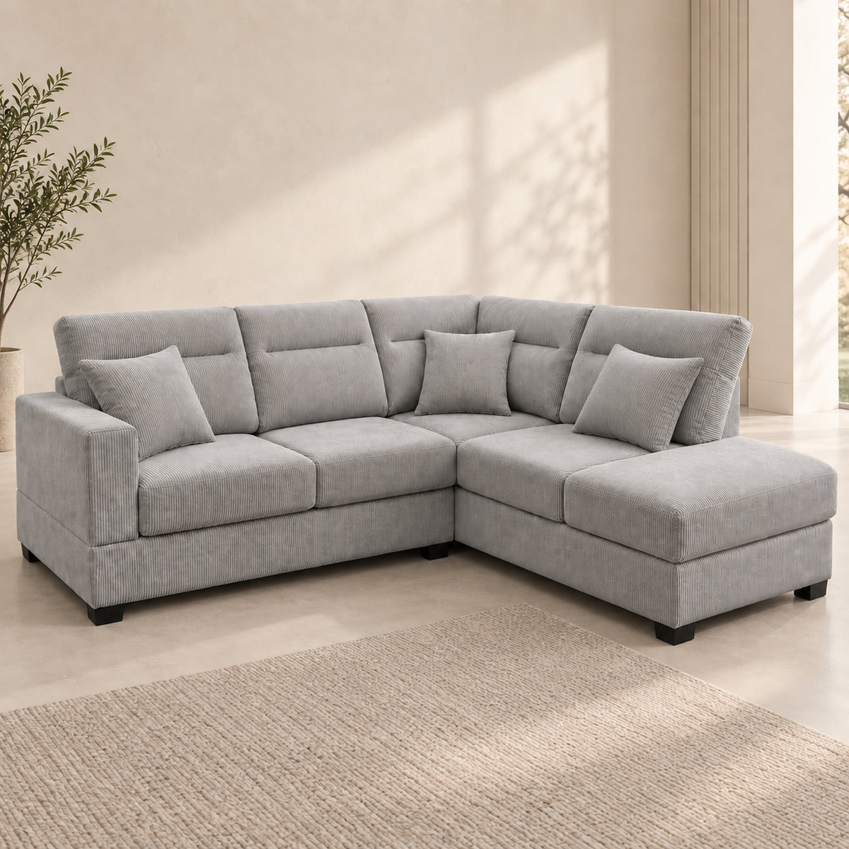 BELLAGIO Grey corduroy sofa with reversible chaise in its standard seating configuration
