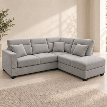 BELLAGIO Grey corduroy sofa with reversible chaise in its standard seating configuration