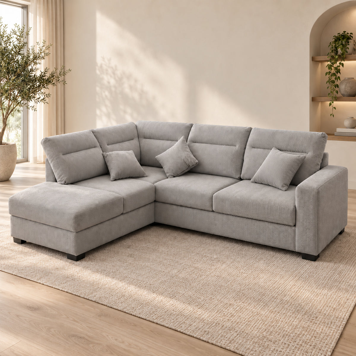 BELLAGIO Grey corduroy sofa configured with the reversible chaise on the right