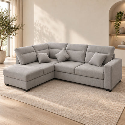 BELLAGIO Grey corduroy sofa configured with the reversible chaise on the right