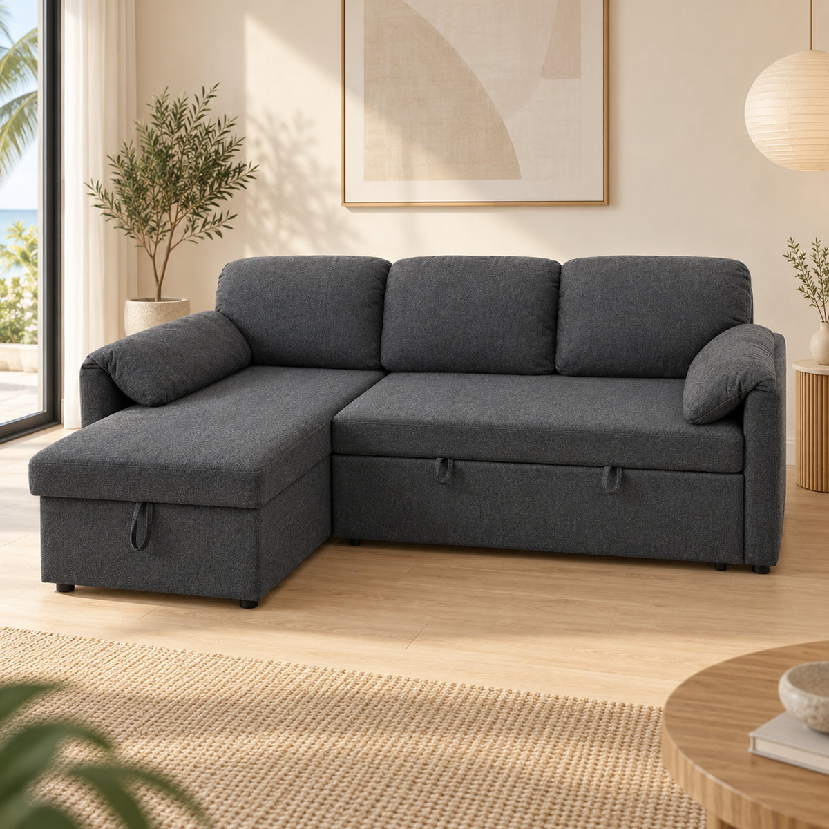 BELLO Dark Grey reversible chaise sofa bed with the lift-up chaise storage open