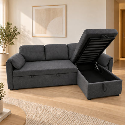 BELLO Dark Grey sofa bed configured with the reversible chaise on the left